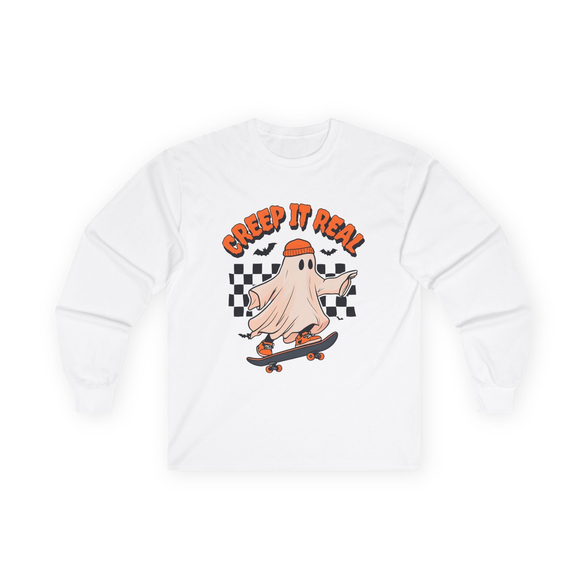 Halloween Skateboard Long Sleeve Tee, Ghost Tee, Cute Skate Shirt, Unisex Graphic Shirt, Spooky Fall Apparel, Creep It Real Shirt