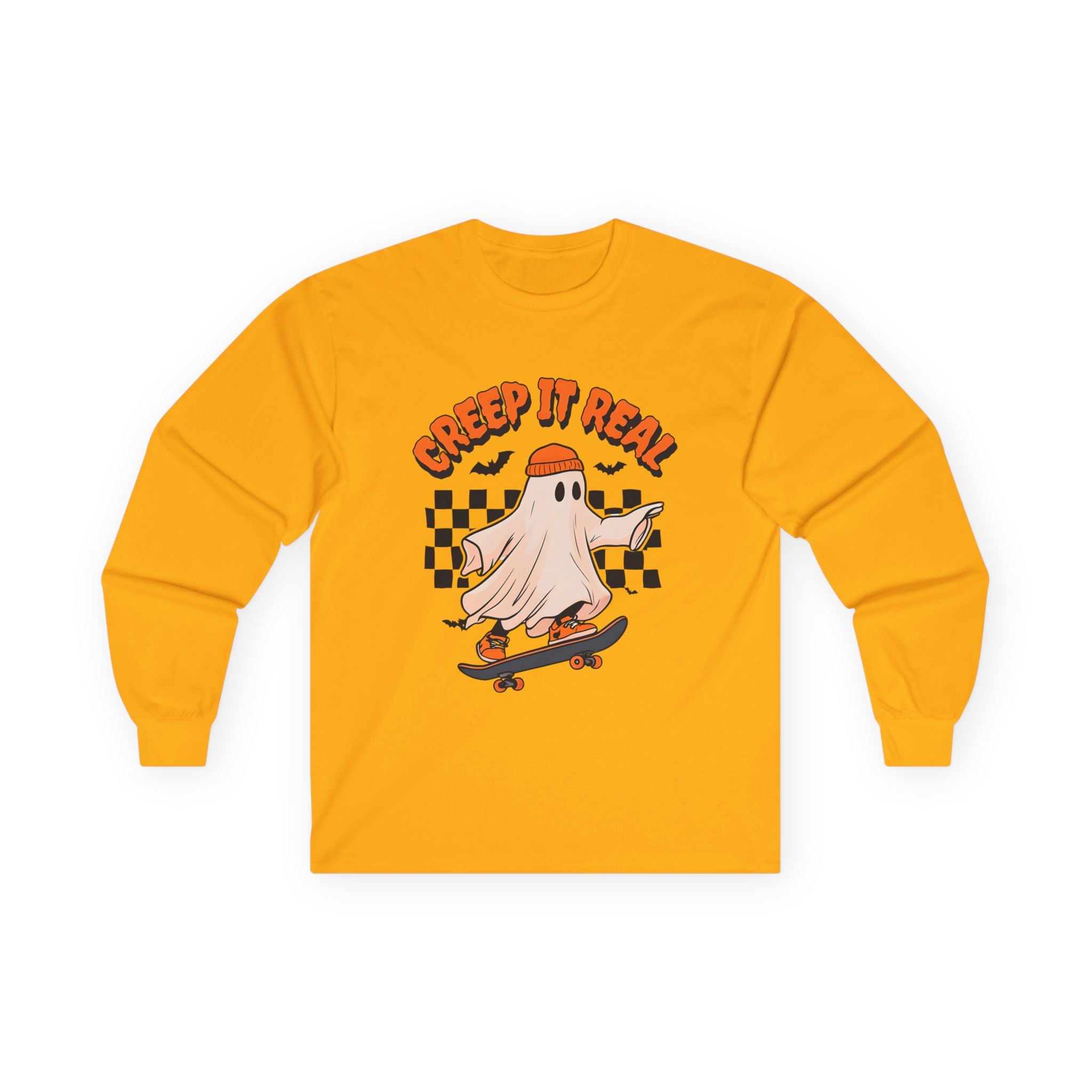 Halloween Skateboard Long Sleeve Tee, Ghost Tee, Cute Skate Shirt, Unisex Graphic Shirt, Spooky Fall Apparel, Creep It Real Shirt