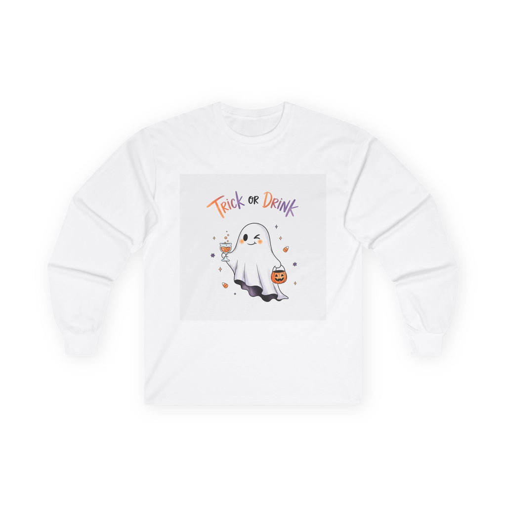 Ghostly Halloween Long Sleeve Tee, Trick or Drink Shirt, Unisex Fall Shirt, Spooky Party Apparel, Halloween Clothing, Ghost Lover Gift