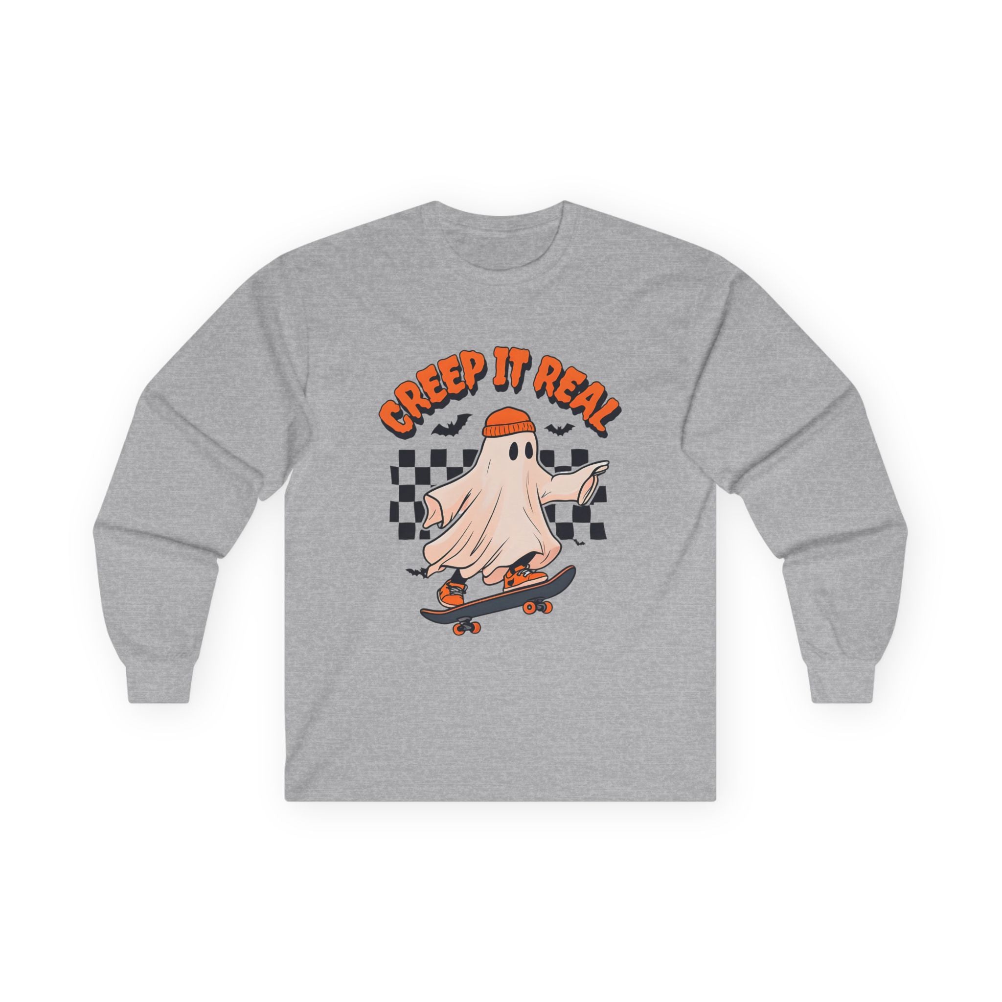 Halloween Skateboard Long Sleeve Tee, Ghost Tee, Cute Skate Shirt, Unisex Graphic Shirt, Spooky Fall Apparel, Creep It Real Shirt