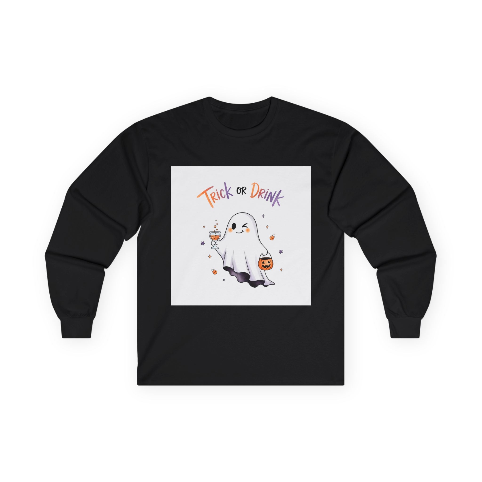 Ghostly Halloween Long Sleeve Tee, Trick or Drink Shirt, Unisex Fall Shirt, Spooky Party Apparel, Halloween Clothing, Ghost Lover Gift