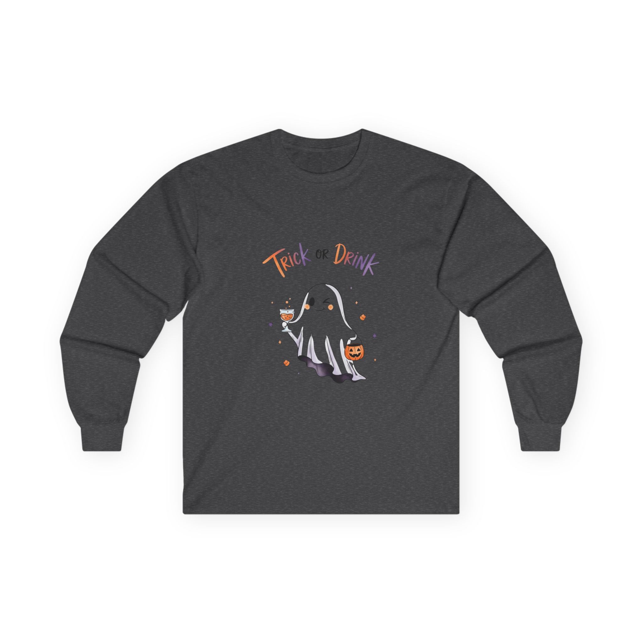 Ghostly Halloween Long Sleeve Tee, Trick or Drink Shirt, Unisex Fall Shirt, Spooky Party Apparel, Halloween Clothing, Ghost Lover Gift